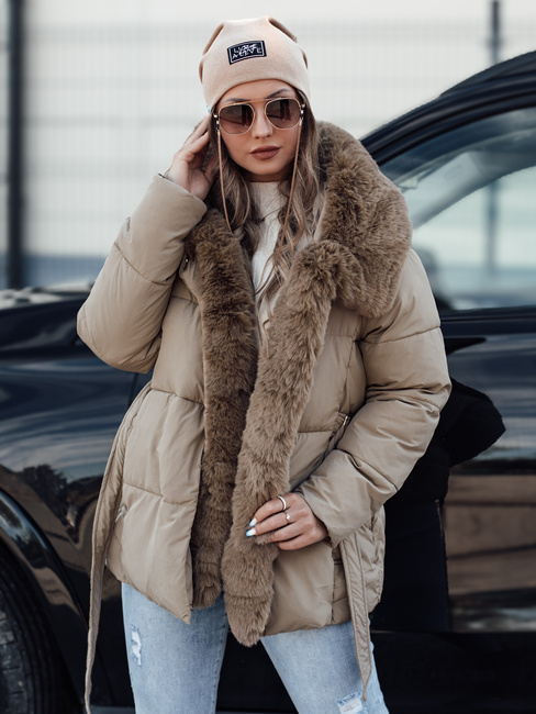 Női télikabát FURSOFT steppelt kapucnival bézs Dstreet TY4668
