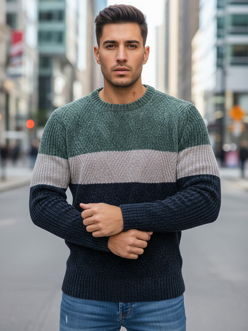 Férfi pulóver kerek nyakkivágással zöld és tengerészkék Dstreet WX2319
