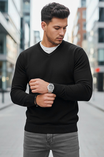 Férfi fekete v-nyakú pulóver Dstreet WX2314