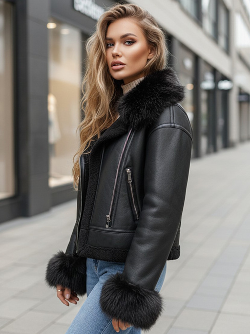 Női bőrdzseki műszőrmével fekete Dstreet TY5244z