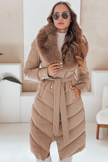 Női téli kabát steppelt szőrmével camel Dstreet TY5077