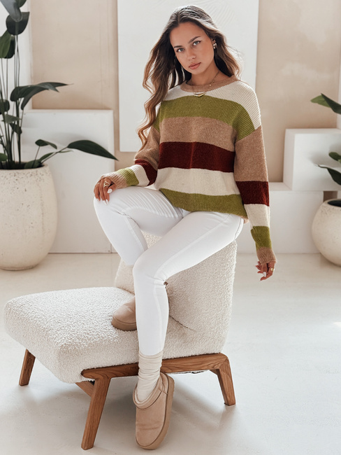 Női csíkos pulóver CALVENA camel zöld Dstreet MY2559