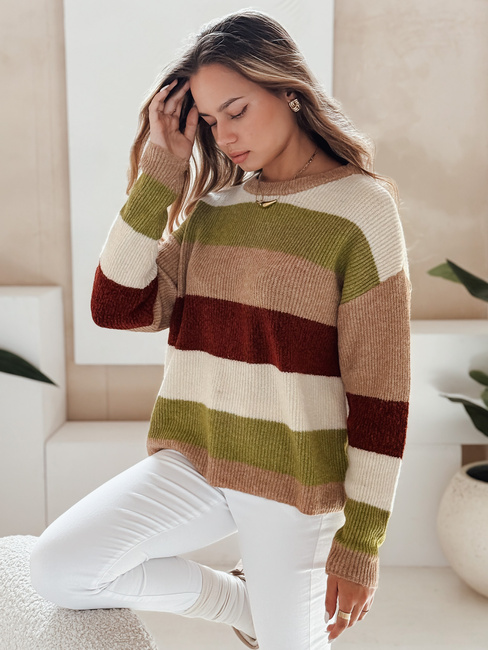 Női csíkos pulóver CALVENA camel zöld Dstreet MY2559