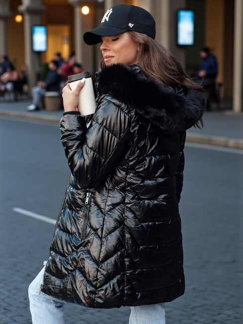 Női steppelt télikabát szőrmével SHINE fekete Dstreet TY4483