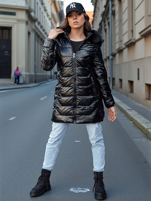 Női steppelt télikabát szőrmével SHINE fekete Dstreet TY4483