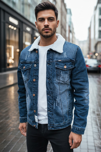 Ocieplana kurtka męska jeansowa ciemnoniebieska Dstreet TX4729z