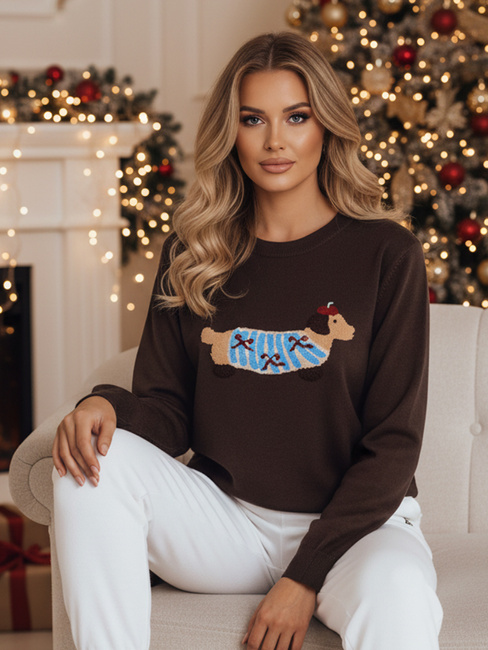 Női pulóver kutyás applikációval CHICPAWS barna Dstreet MY2544z