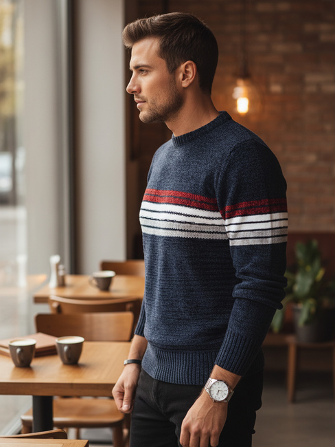 Férfi csíkos sötétkék pulóver Dstreet WX2281