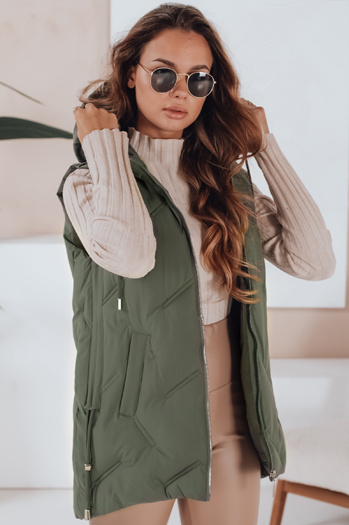 Női hosszú, steppelt mellény kapucnival zöld Dstreet TY5106