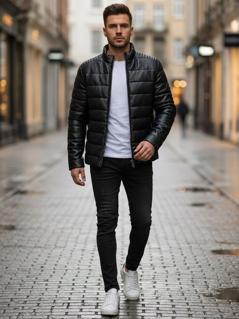 Férfi steppelt téli bőrdzseki fekete Dstreet TX5114