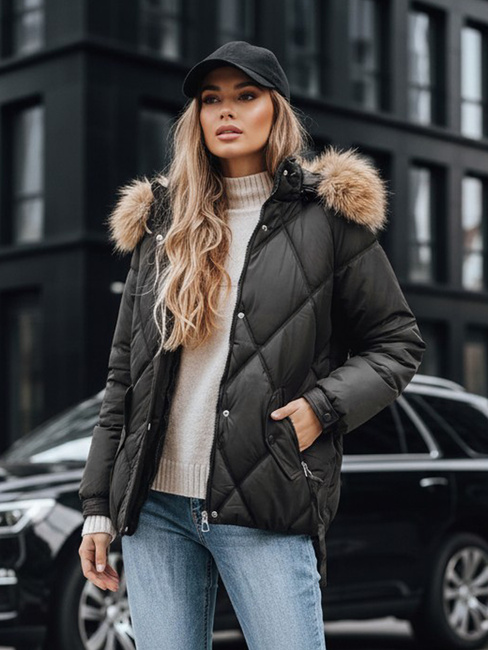 Női téli steppelt dzseki kapucnival fekete Dstreet TY5232