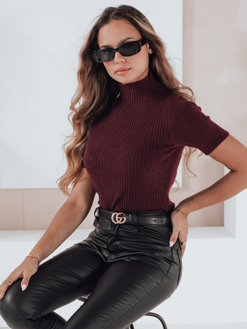 Női rövid ujjú bordázott pulóver GIRLGLORY bordó Dstreet MY2556