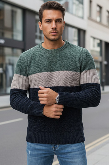 Férfi pulóver kerek nyakkivágással zöld és tengerészkék Dstreet WX2319