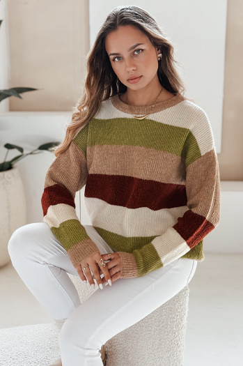 Női csíkos pulóver CALVENA camel zöld Dstreet MY2559