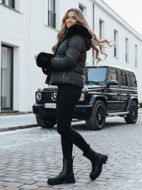 Női télikabát YOUWARM rövid steppelt szőrmével fekete Dstreet TY5006