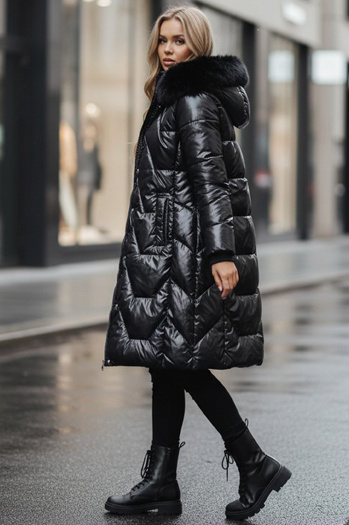 Női téli dzseki ELECIO hosszú steppelt kapucnival fekete Dstreet TY5178z