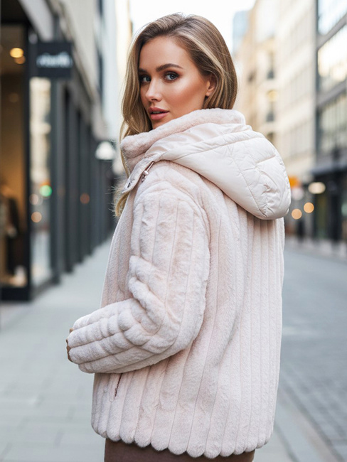 Női szőrme kabát kapucnival rózsaszín Dstreet TY5277z