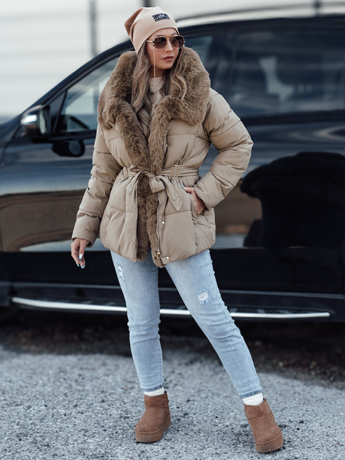 Női télikabát FURSOFT steppelt kapucnival bézs Dstreet TY4668