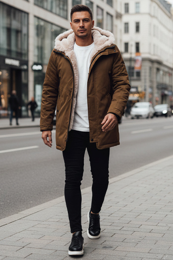 Férfi téli parka kabát kapucnival sötét bézs Dstreet TX4964z