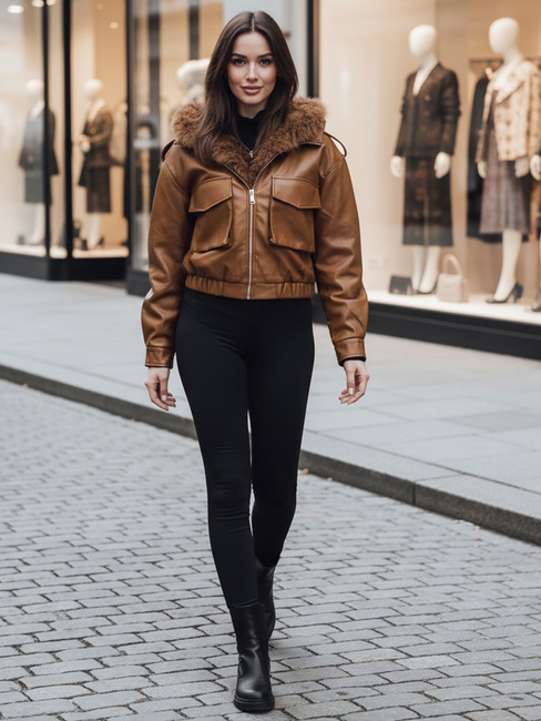 Női bőrdzseki szőrmével SOFTREBEL barna Dstreet TY4761z