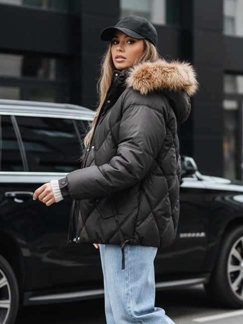 Női téli steppelt dzseki kapucnival fekete Dstreet TY5232