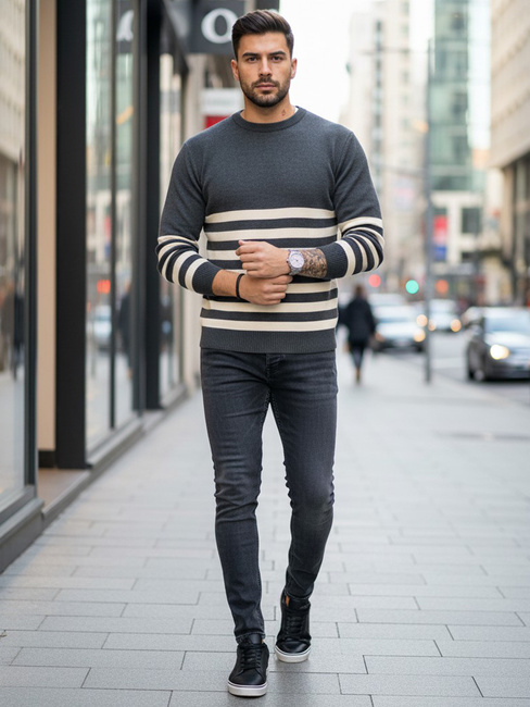 Férfi csíkos pulóver Szín Sötétszürke DSTREET WX2133