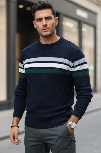 Férfi csíkos sötétkék pulóver Dstreet WX2334