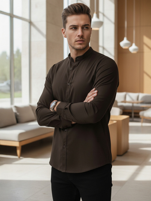 Férfi alkalmi ing felálló gallérral barna Dstreet DX2678