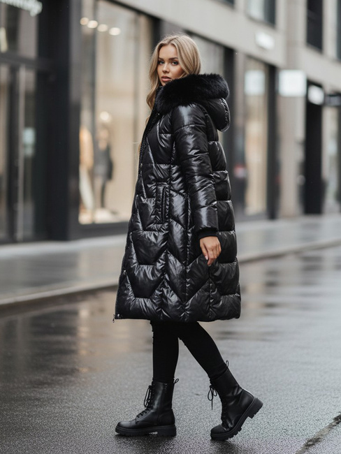 Női téli dzseki ELECIO hosszú steppelt kapucnival fekete Dstreet TY5178z