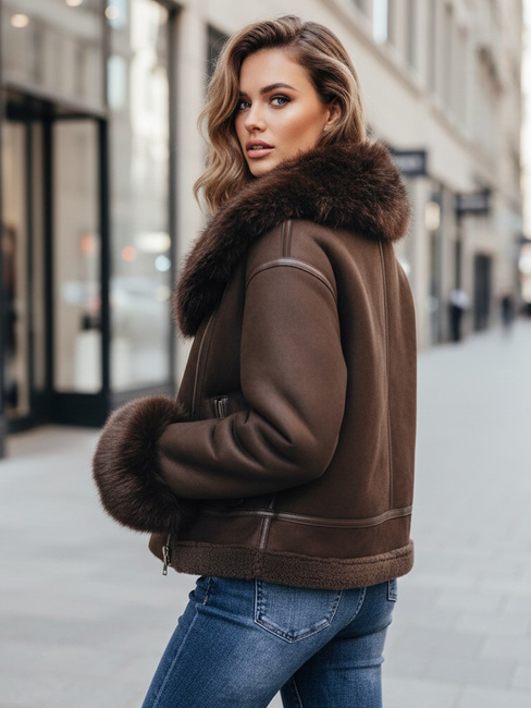Női bőrdzseki szőrmével barna Dstreet TY5243z