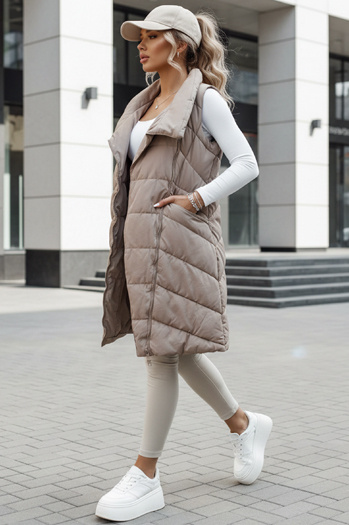 Női steppelt hosszú mellény kapucni nélkül SERKIS bézs Dstreet TY4525