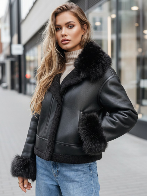 Női bőrdzseki műszőrmével fekete Dstreet TY5244z