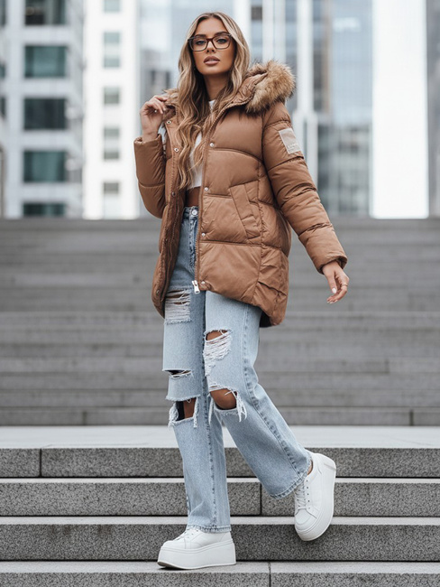 Női steppelt télikabát kapucnival, camel színben Dstreet TY5508