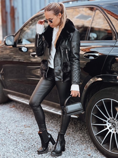 Női bőr ramones dzseki szőrmével fekete Dstreet TY5274
