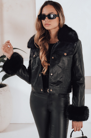 Női bőr ramones dzseki szőrmével fekete Dstreet TY5207