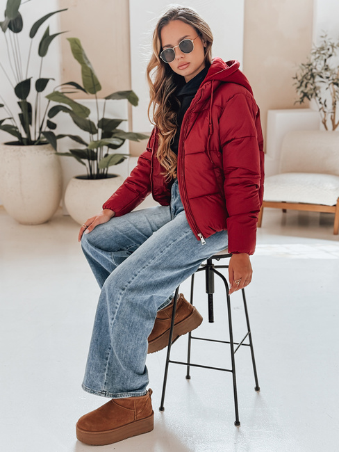 Női téli rövid GLAMVO pehelykabát kapucnival bordó Dstreet TY4949 TY4949