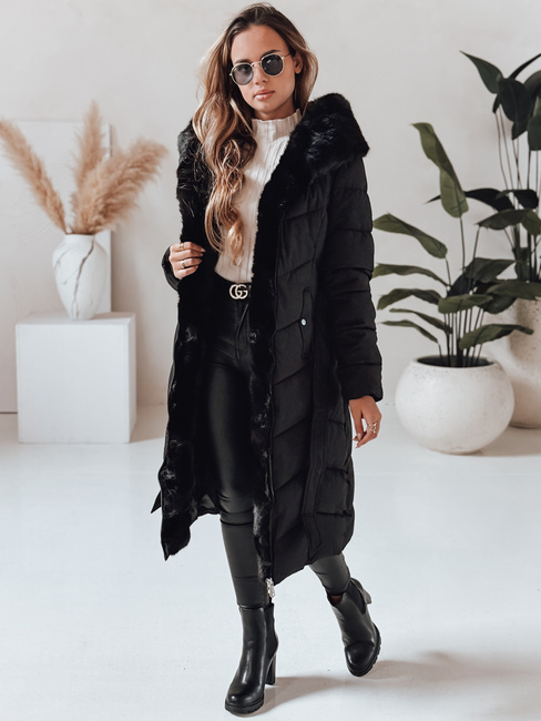 Női téli hosszú steppelt kabát szőrmével fekete Dstreet TY5085
