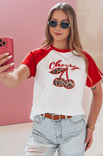 Női póló 3D CEKINKA hatással piros Dstreet RY2866