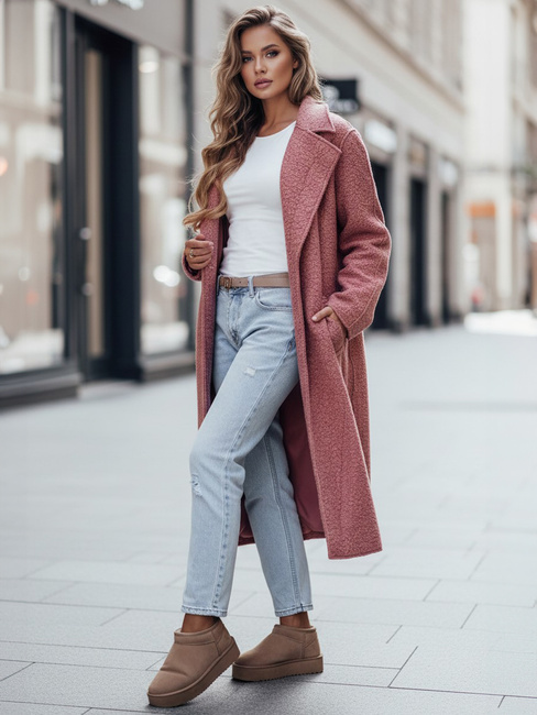 Női hosszú báránybőr kabát rózsaszín Dstreet NY0755z