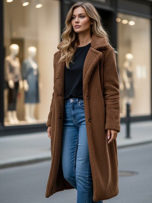 Női télikabát teddy szőrme hosszú camel Dstreet NY0759z