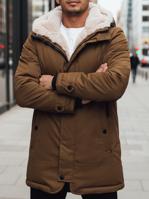 Férfi téli parka kabát kapucnival sötét bézs Dstreet TX4964z