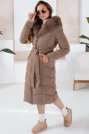 Női téli hosszú steppelt kabát szőrmével sötét bézs Dstreet TY5087