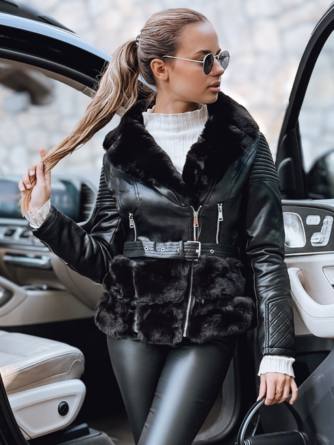Női bőr ramones dzseki szőrmével fekete Dstreet TY5274