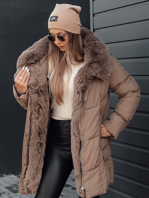 Női télikabát MORISIO hosszú steppelt kapucnival sötét bézs Dstreet TY4701