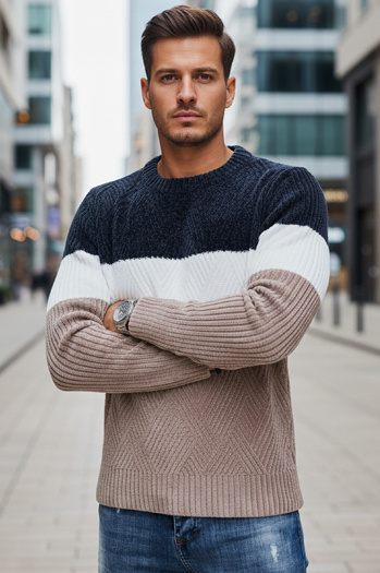 Férfi pulóver kerek nyakkivágással tengerészkék és bézs Dstreet WX2321
