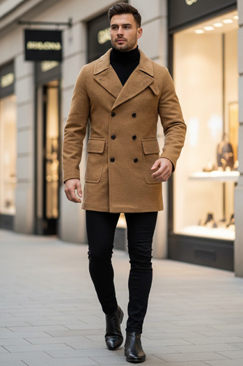 Téli kétsoros férfi kabát camel színben CX0362