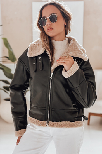 Női SHEREB bőrdzseki báránybőrrel fekete Dstreet TY4756