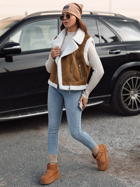 Női szarvasbőr mellény juhbőrrel WOOLZIP camel Dstreet TY4741