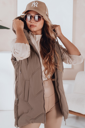 Női steppelt kapucnis mellény sötét bézs Dstreet TY5109