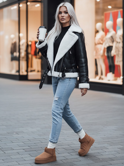 Női téli bőrdzseki BELLCIAO fekete és bézs Dstreet TY4685z